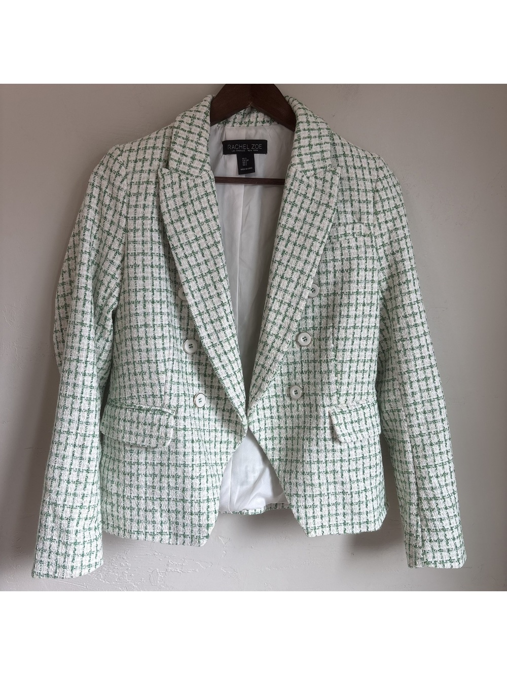 Rachel Zoe Womens Tweed Blazer Small Green White Double Breasted Jacket Plaid